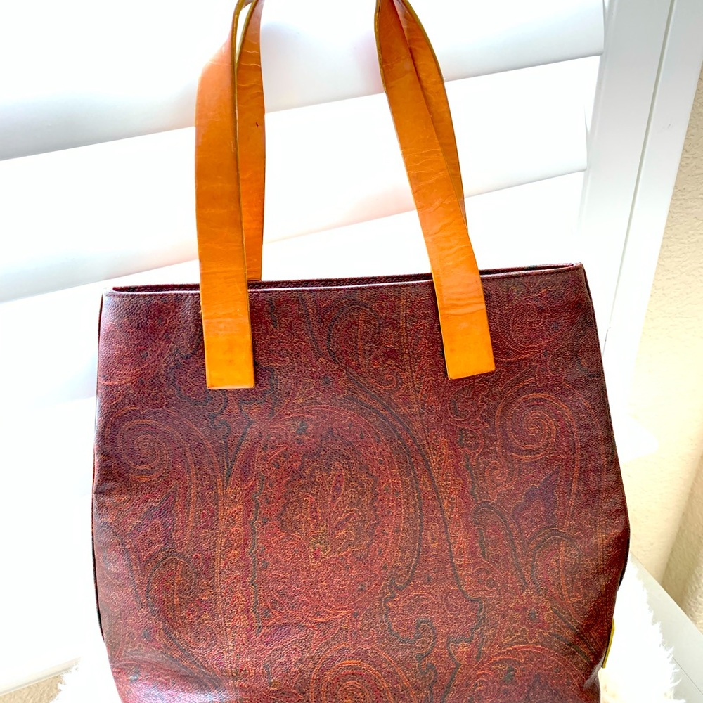 Vintage Etro Milano Red Paisley Vachetta Leather Shoulder or Tote Bag